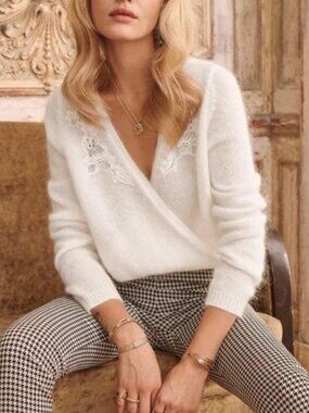 EUC Sezane Timothee Mohair Wool Embroidered Surplice Sweater Ecru S fit
